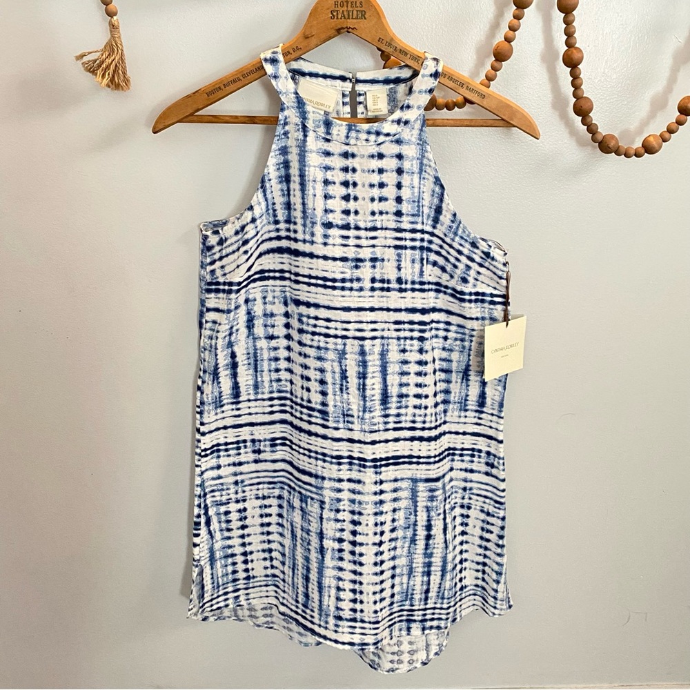 Cynthia Rowley Blue and White Linen Halter Dress Small